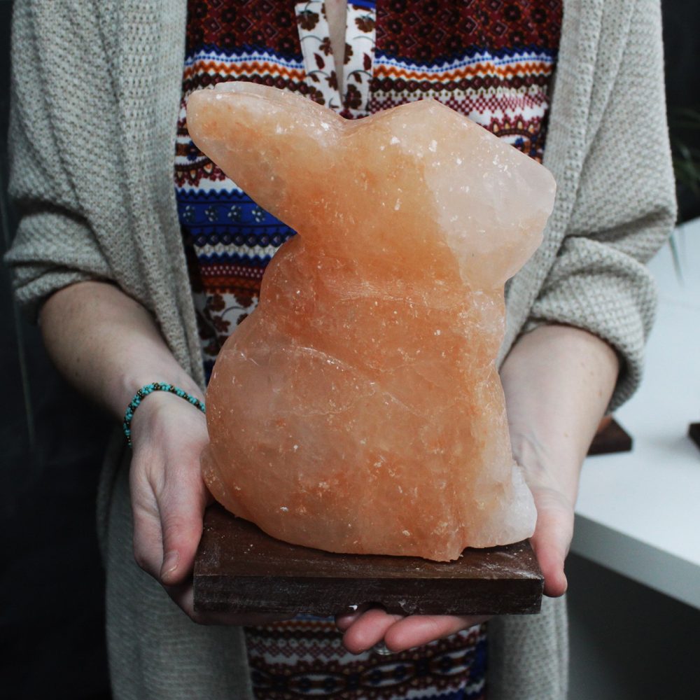 A carved, orange salt rock rests on a wooden base, held by a person wearing a patterned dress and a gray cardigan, in a room with a white surface nearby.