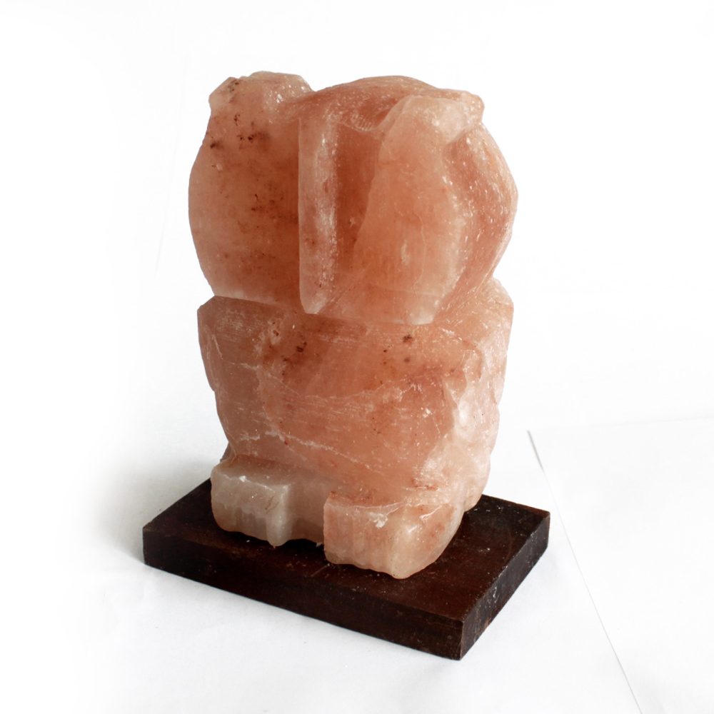 A carved pink salt crystal resembles an abstract owl, standing on a dark rectangular base, set against a plain white background.