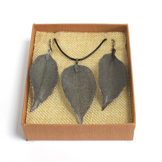 Necklace and Earring Set - Bravery Leaf - Pewter