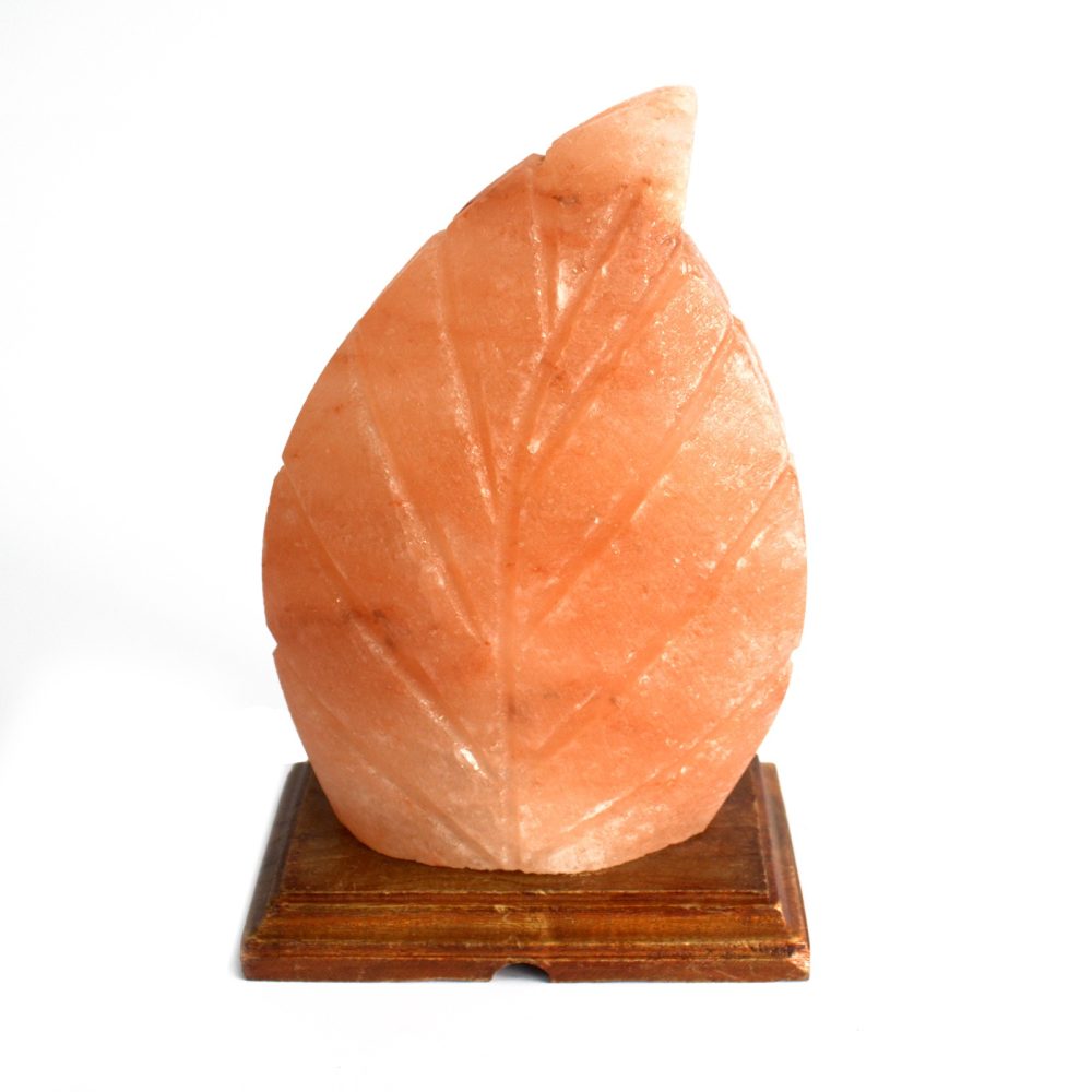A leaf-shaped, orange salt rock sculpture stands upright on a wooden base against a plain white background.