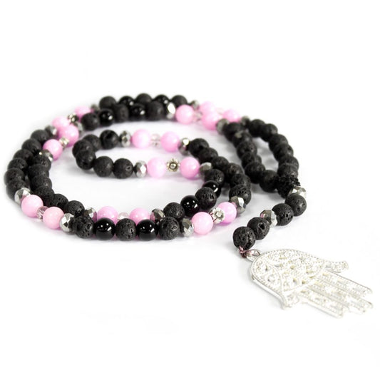 Hamsa / Pink and Black - Gemstone Necklace