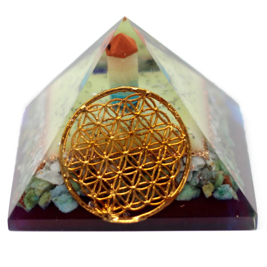 A clear pyramid displays colorful crystals and a copper coil within, with a golden “flower of life” symbol attached on the outside of the pyramid. The pyramid has a flat, purplish base.