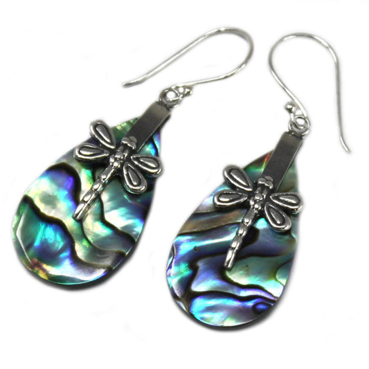 Shell and Silver Earrings - Dragonflies - Abalone