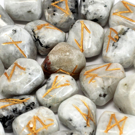 Rainbow Moonstone Runes Stone Set in Pouch