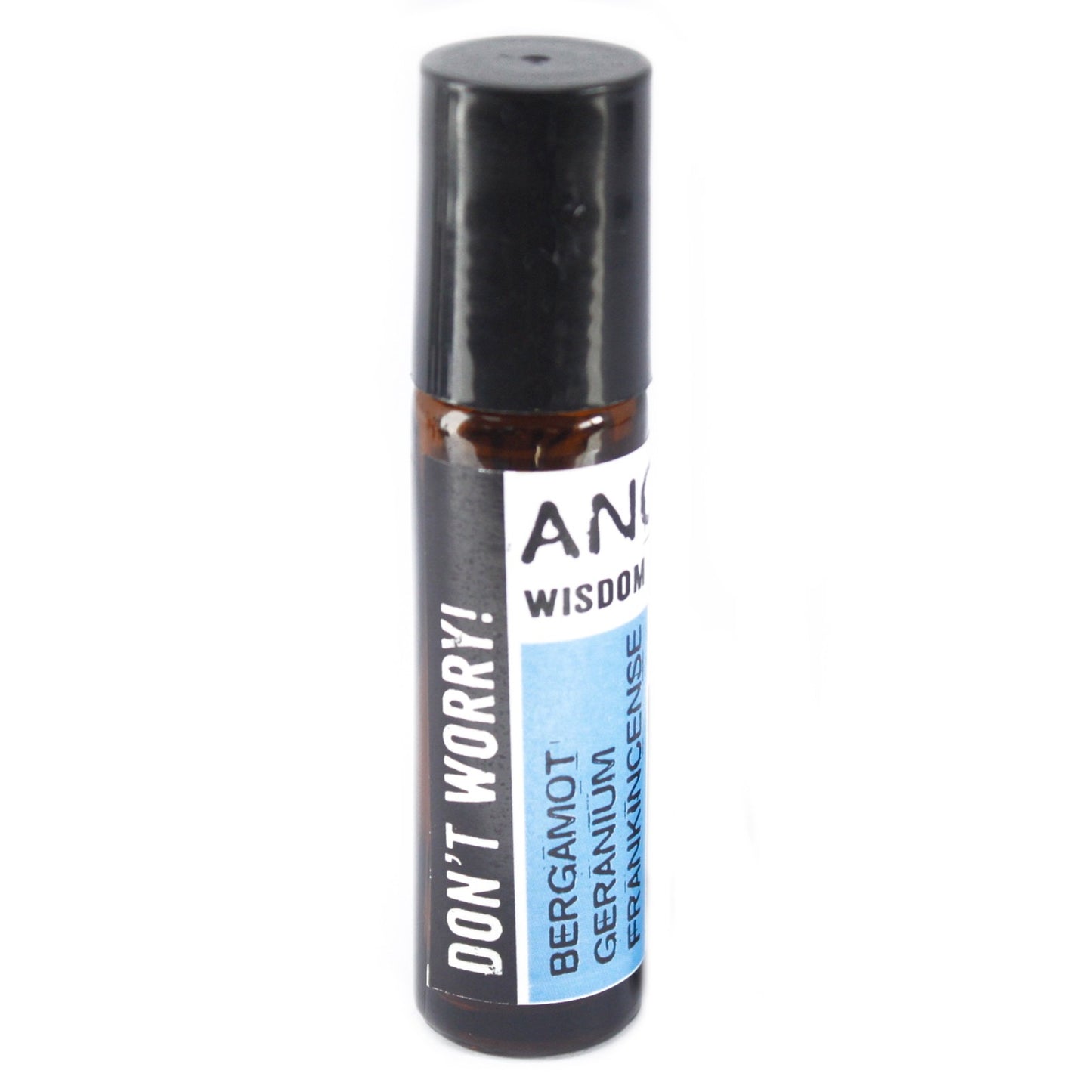 A brown roll-on essential oil bottle is upright, displaying a black cap and a white label with “AN” “WISDOM” and “DON’T WORRY!” in black text. In blue text is “BERGAMOT” “GERANIUM” “FRANKINCENSE.” The bottle is on a white surface.