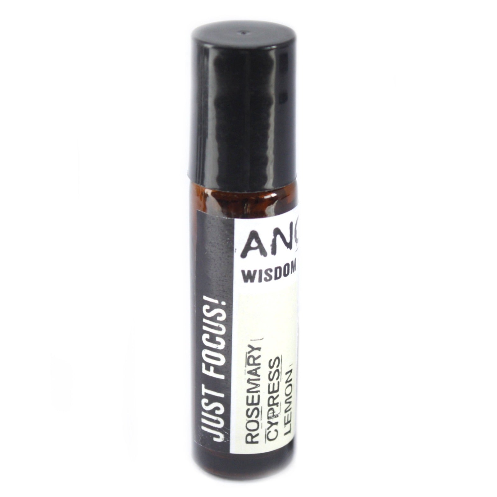 An oil roller bottle with a black cap stands. Label reads "ANGEL WISDOM" and "JUST FOCUS! ROSEMARY CYPRESS LEMON" against a white background. The surrounding environment is pure white.