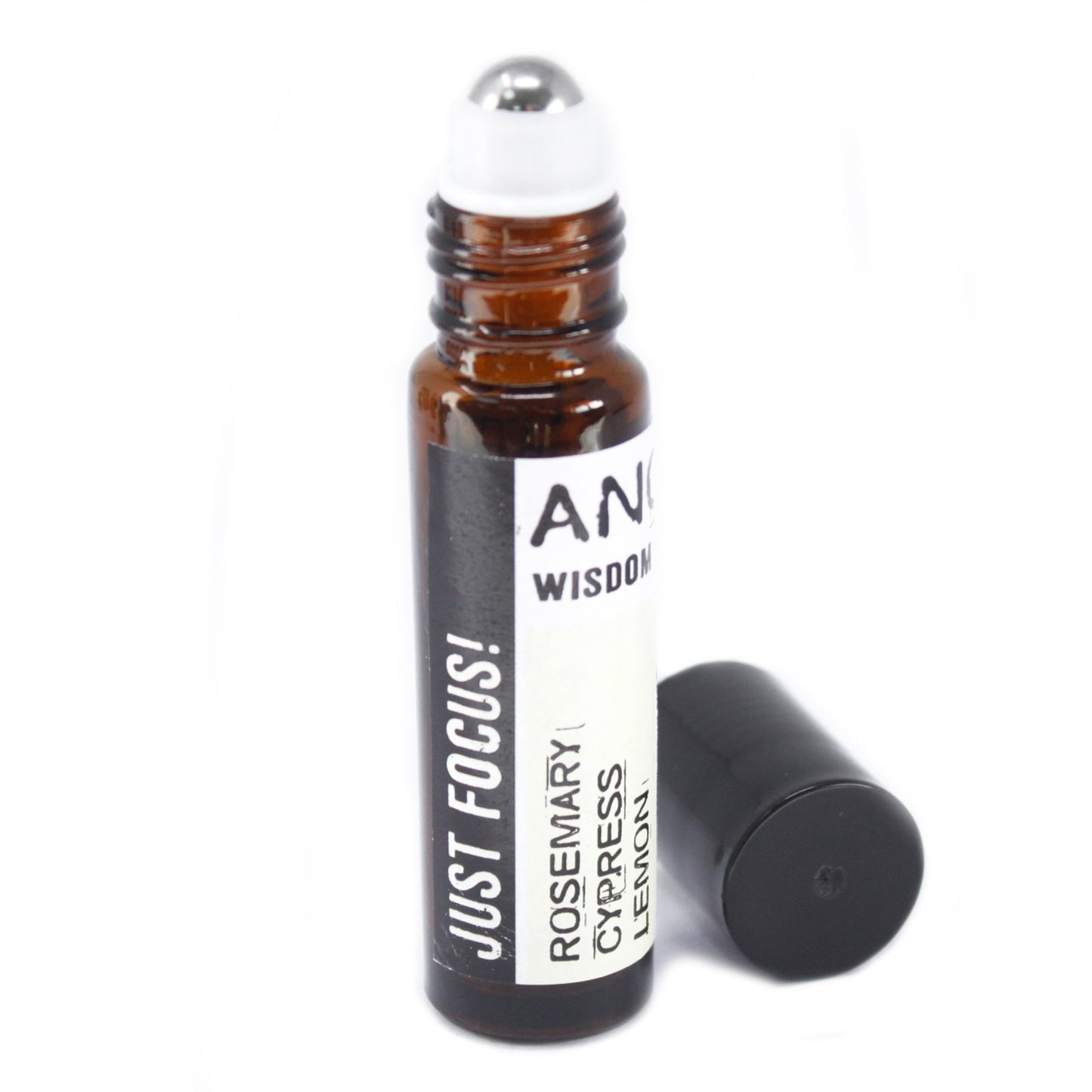 A brown roll-on bottle of "ANCIENT WISDOM" with "JUST FOCUS! ROSEMARY CYPRESS LEMON" on the label stands next to a black cap on a white surface.