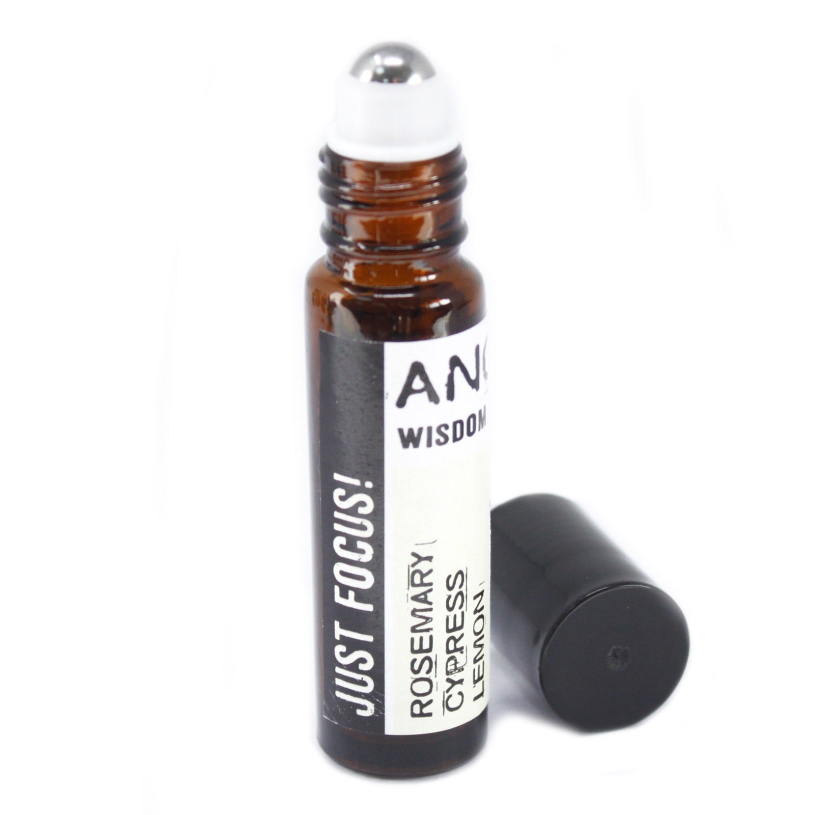 A brown roll-on bottle of "ANCIENT WISDOM" with "JUST FOCUS! ROSEMARY CYPRESS LEMON" on the label stands next to a black cap on a white surface.