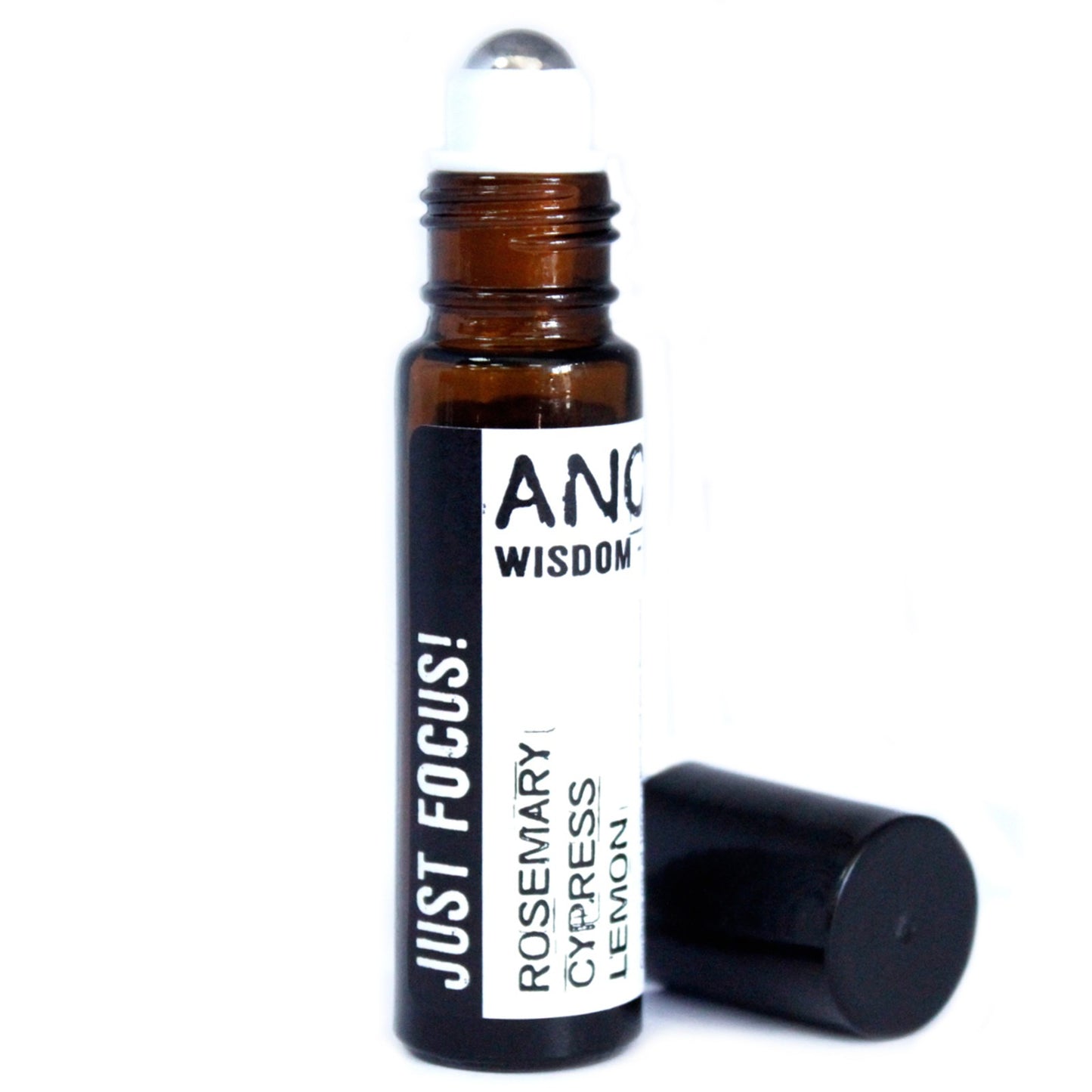 A brown glass roll-on bottle with a white rollerball applicator, labeled "ANCIENT WISDOM, JUST FOCUS! ROSEMARY CYPRESS LEMON" sits near its black cap on a white surface.