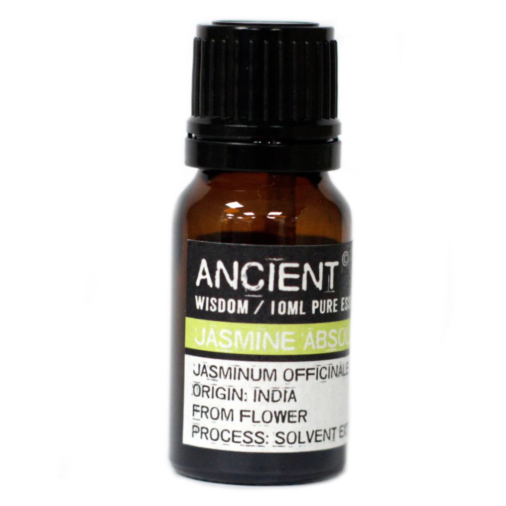 A brown glass bottle labeled "ANCIENT WISDOM / 10ML PURE ES," "JASMINE ABSO", "JASMINUM OFFICINALE," "ORIGIN: INDIA," "FROM FLOWER," and "PROCESS: SOLVENT E" sits upright. It has a black cap. The background is plain white.