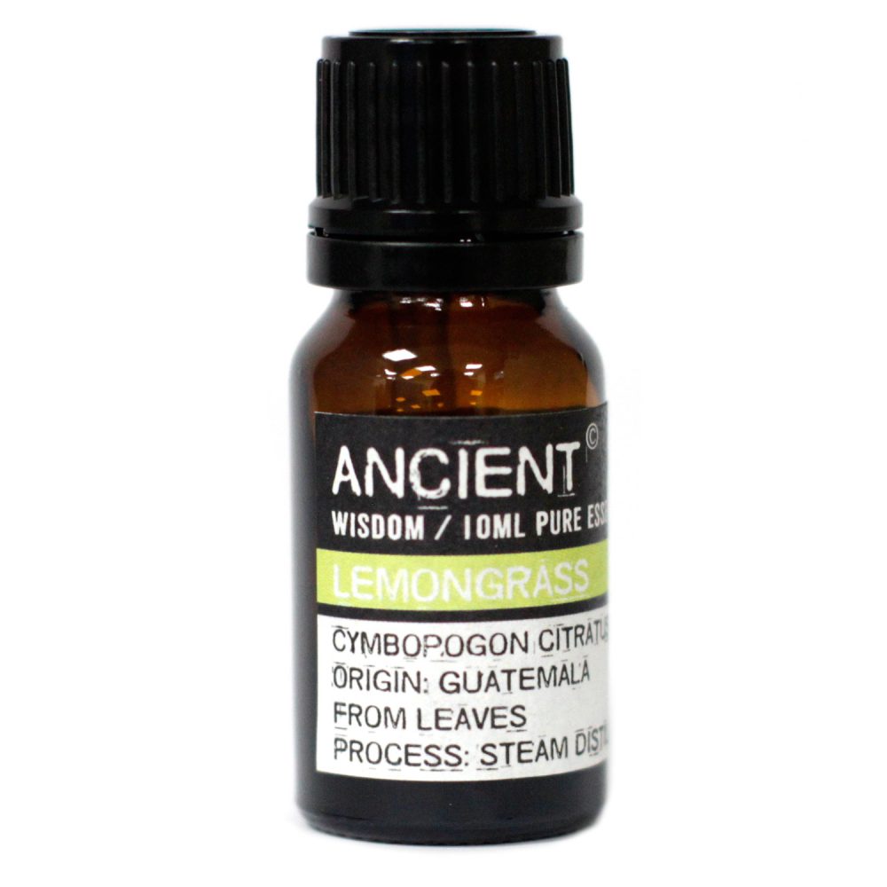 A small amber bottle with a black cap sits against a white background. The label reads: "ANCIENT WISDOM / 10ML PURE ESS LEMONGRASS CYMBOPOGON CITRATU ORIGIN: GUATEMALA FROM LEAVES PROCESS: STEAM DIST".