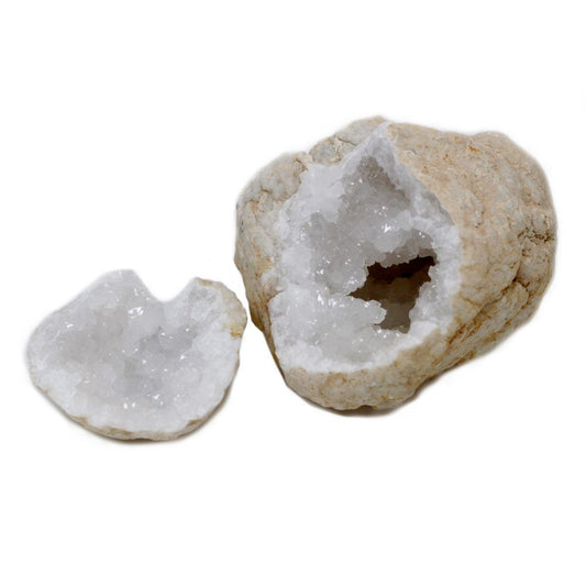 Calcite Geodes 15–18 cm large natural split geode with calcite crystal interior