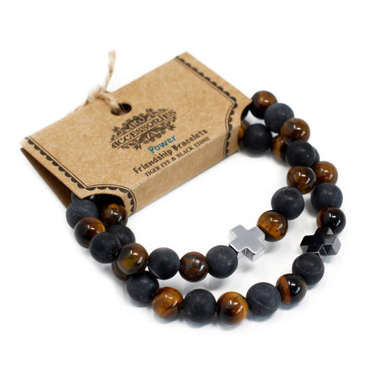Set of 2 Gemstones Friendship Bracelets - Power - Tiger Eye and Lava Stone