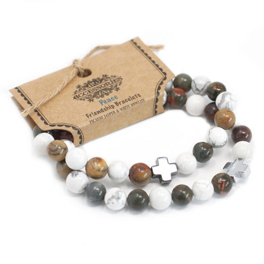Set of 2 Gemstones Friendship Bracelets - Peace - Picasso Jasper and White Howlite