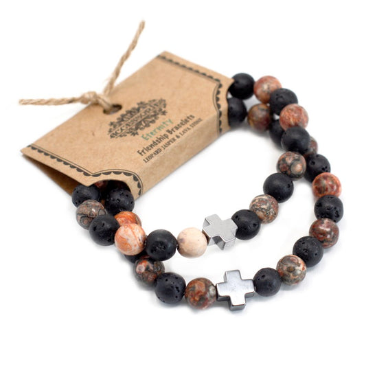 Set of 2 Gemstones Friendship Bracelets - Eternity - Leopard Skin Jasper and Lava Stone