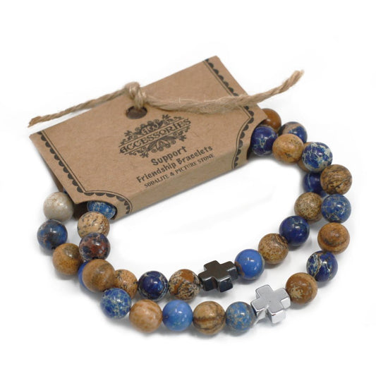Set of 2 Gemstones Friendship Bracelets - Support - Sodalite and Picturestone