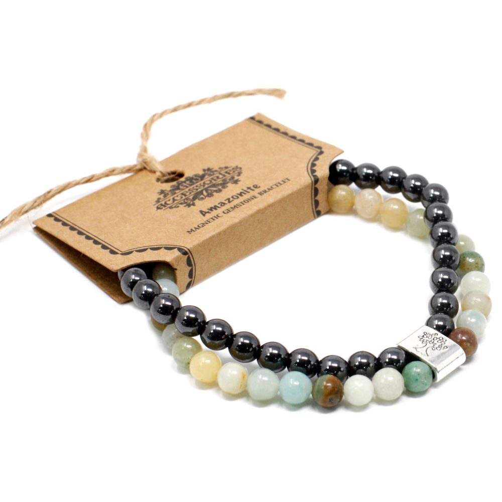 Two beaded bracelets are set against a white background, one with colored gemstones and the other with black stones, wrapped in a cardboard paper wrap that says "Accessories, Amazonite, Magnetic Gemstone Bracelet”.