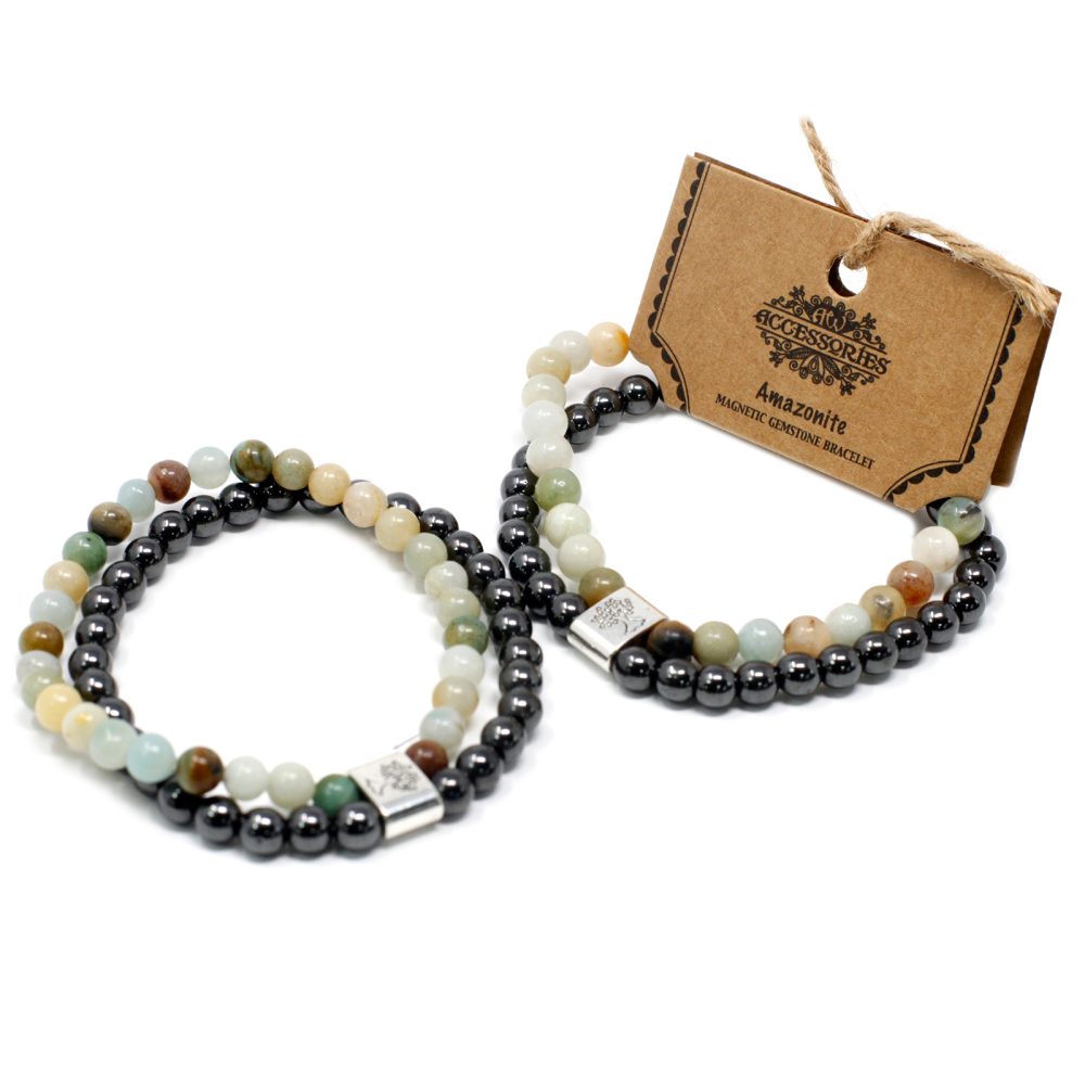 Two beaded bracelets are coiled against a white backdrop. A tag reads: “Accessories,” "Amazonite, Magnetic Gemstone Bracelet."