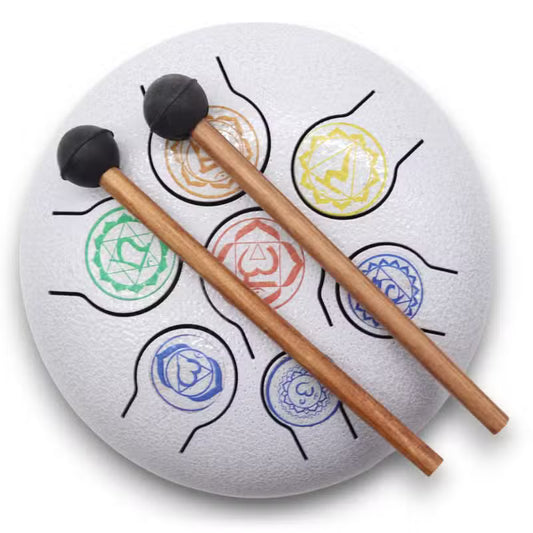 Medium 7 Chakra HAPI steel tongue drum with eight tuned tongues, two wooden mallets and sturdy carry bag