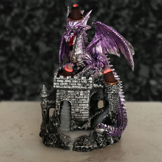 Dragons Castle Triple Backflow Incense Burner Purple – approx. 20 cm resin castle & dragon sculpture, hand-painted fantasy backflow burner UK