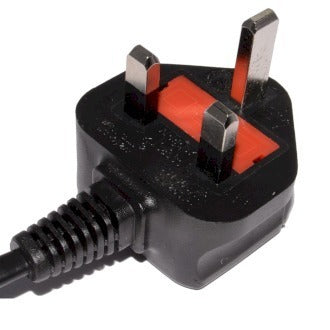A black three-pronged electrical plug sits on a white background.  The plug is designed for a British-style electrical outlet.