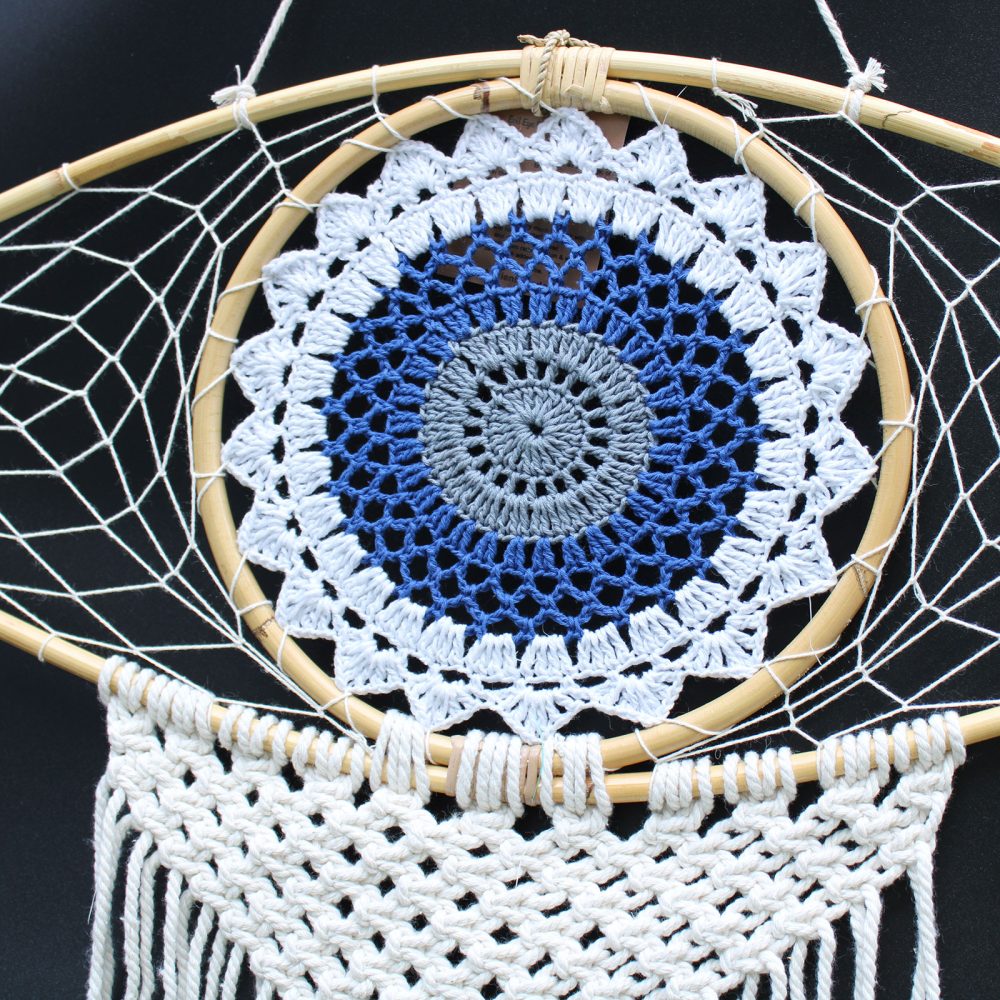 Protection Dream Catcher - Lrg Macrame Evil Eye White/ Blue/Grey