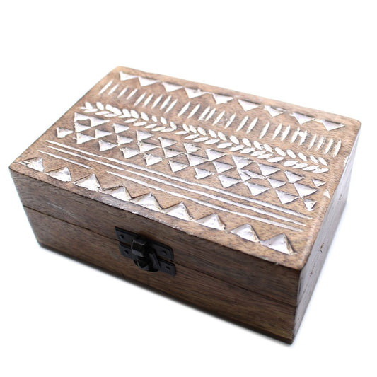 White Washed Wooden Box - 64 Aztec Design