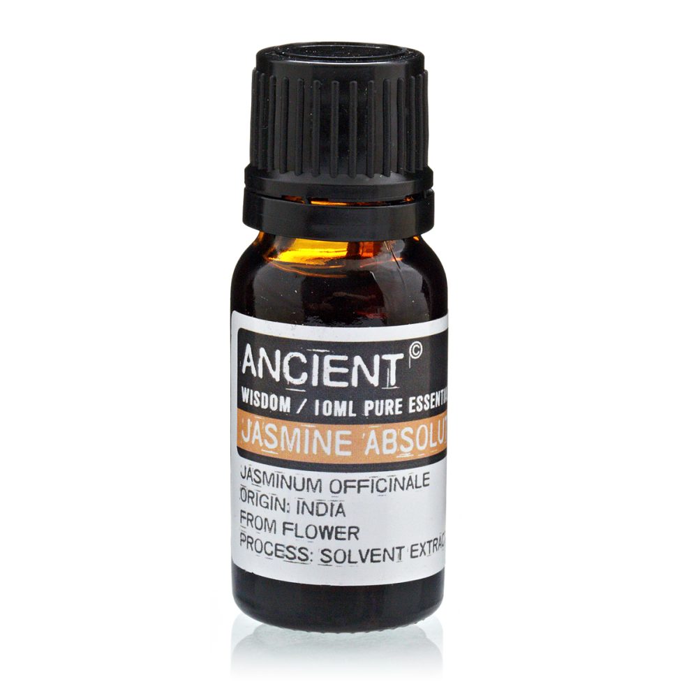 A small, brown glass bottle sits still, its black cap ribbed. The label reads "ANCIENT WISDOM / 10ML PURE ESSENTI JASMINE ABSOLU JASMINUM OFFICINALE ORIGIN: INDIA FROM FLOWER PROCESS: SOLVENT EXTRAC" against a bright, plain background.
