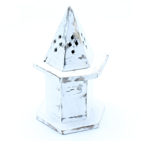White Washed Incense Holder - Pyramid Mini House Smoke Box