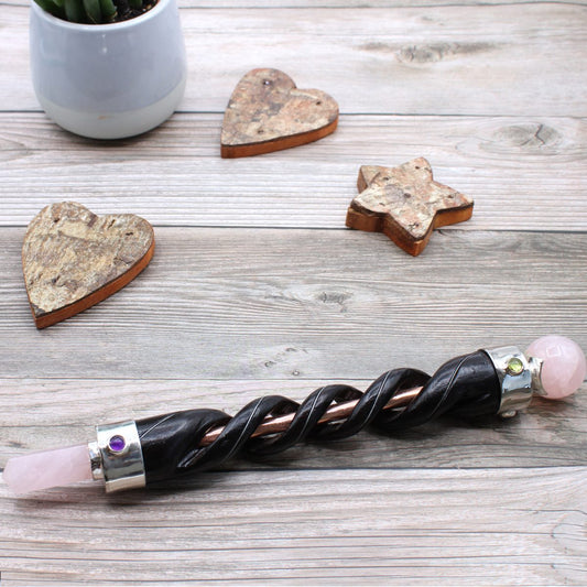 Spiral Carving Healing Wand Copper Pipe Rose Quartz – rose quartz energy wand for love, emotional healing and heart-chakra balance