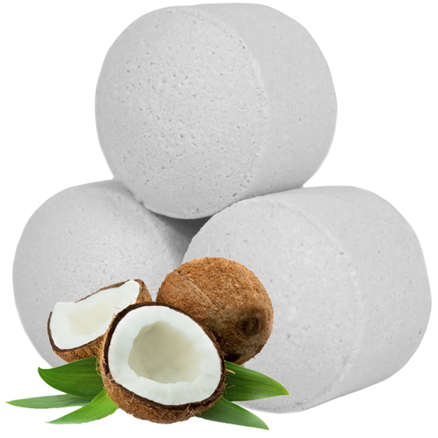 Three stacked white cylindrical bath bombs are prominently displayed with open coconut halves and green leaves in the foreground, creating a tropical theme.