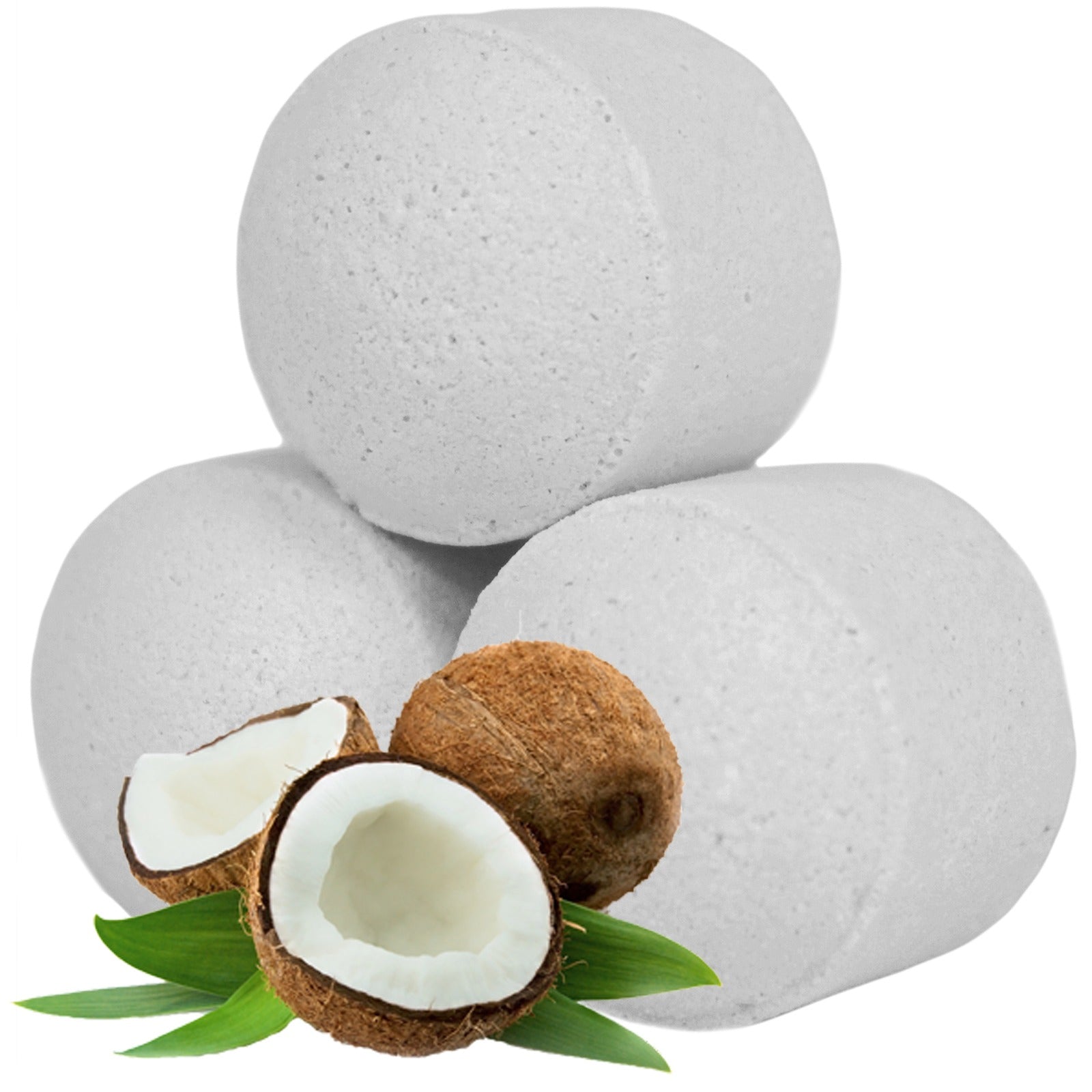 Three stacked white cylindrical bath bombs are prominently displayed with open coconut halves and green leaves in the foreground, creating a tropical theme.