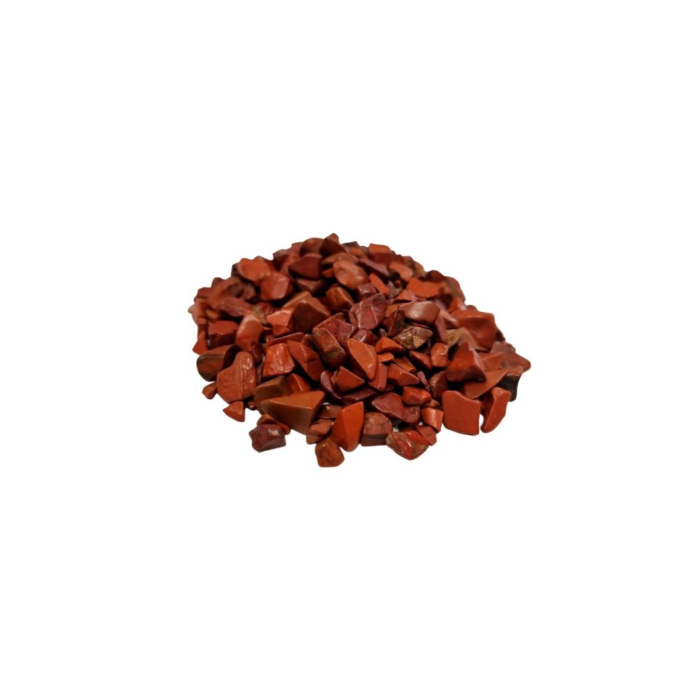 A pile of small, red, angular stones are arranged in a heap against a stark white background.