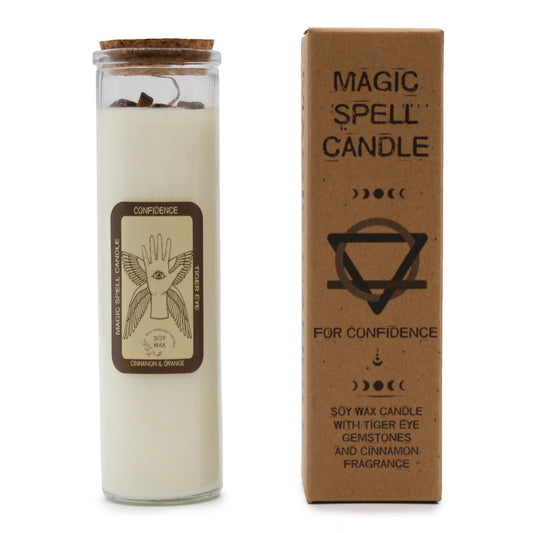 Magic Spell Candle – Confidence warm citrus & herbal ritual candle with gemstone chips, 20 × 5 cm size and approx. 50 h burn time
