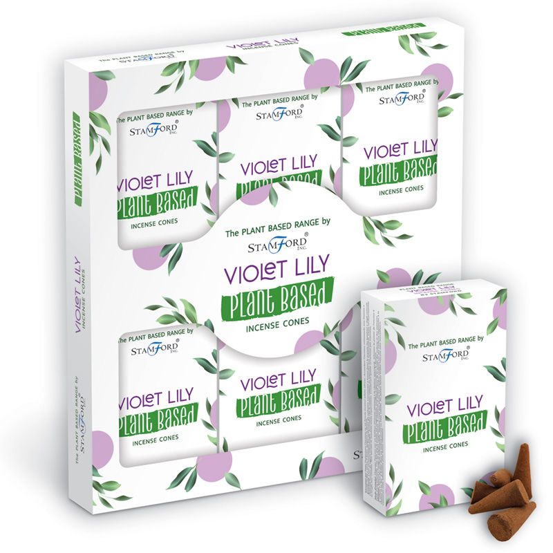 Packaging of Violet Lily plant-based incense cones, featuring floral graphics. Text includes: "The Plant Based Range by Stamford", "Violet Lily", and "Plant Based Incense Cones". Three cones are displayed outside the box.