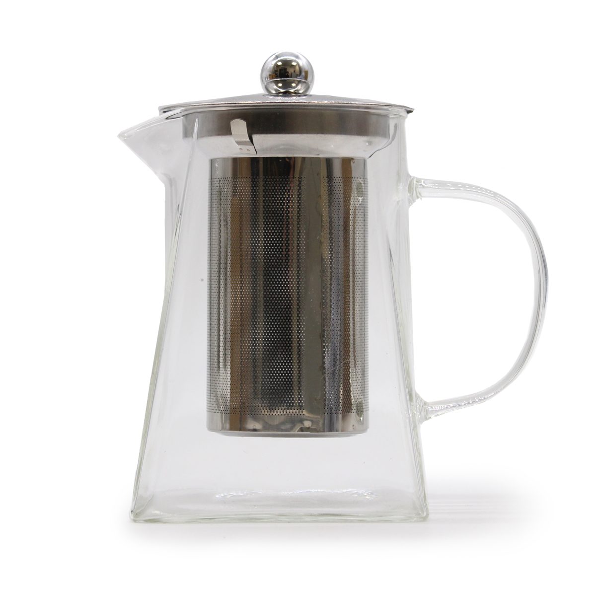 A glass teapot with a clear body and metal infuser inside sits on a white background. The teapot has a metal lid with a round handle on top.