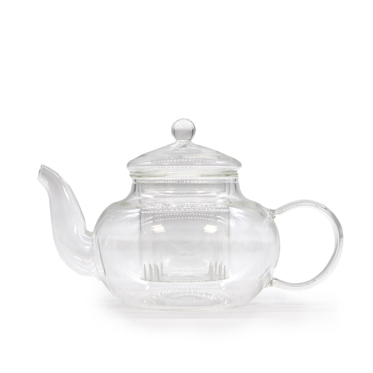 A clear glass teapot with a round body and lid, displayed on a plain white background. Its spout and handle are elegantly curved, showcasing simple, classic design.