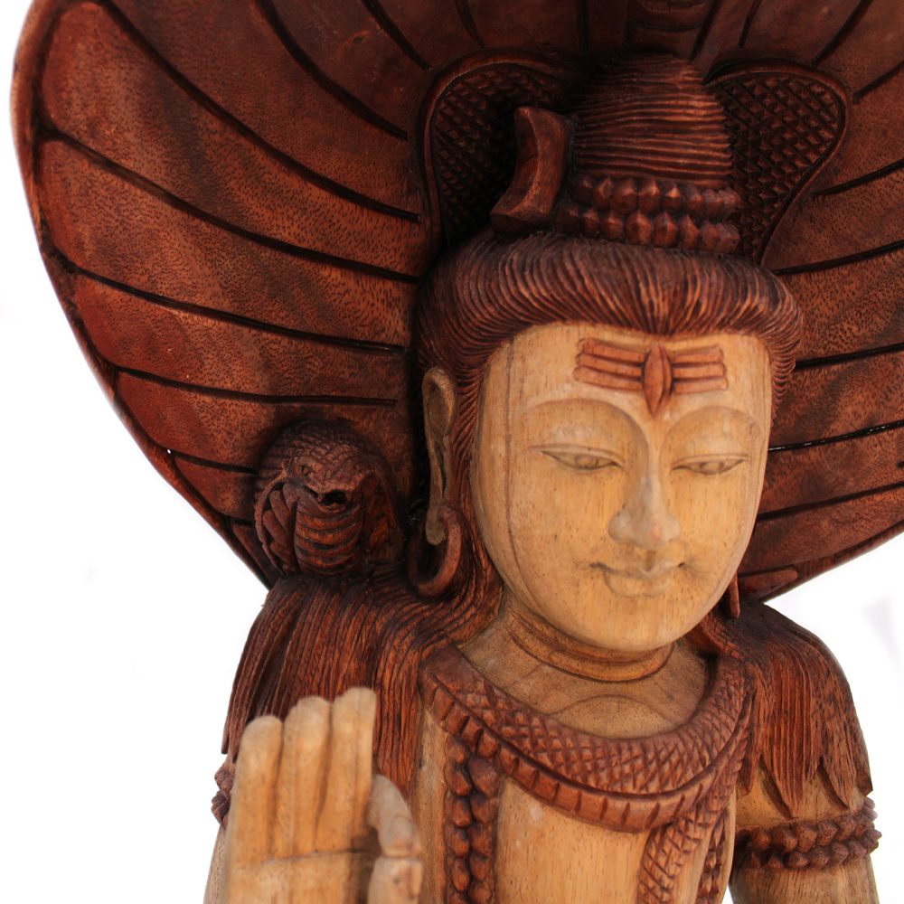 Wooden sculpture of a serene deity with upraised hand in blessing gesture, adorned with ornate headgear. A protective cobra hood encircles the head in a symbolic gesture of shelter.