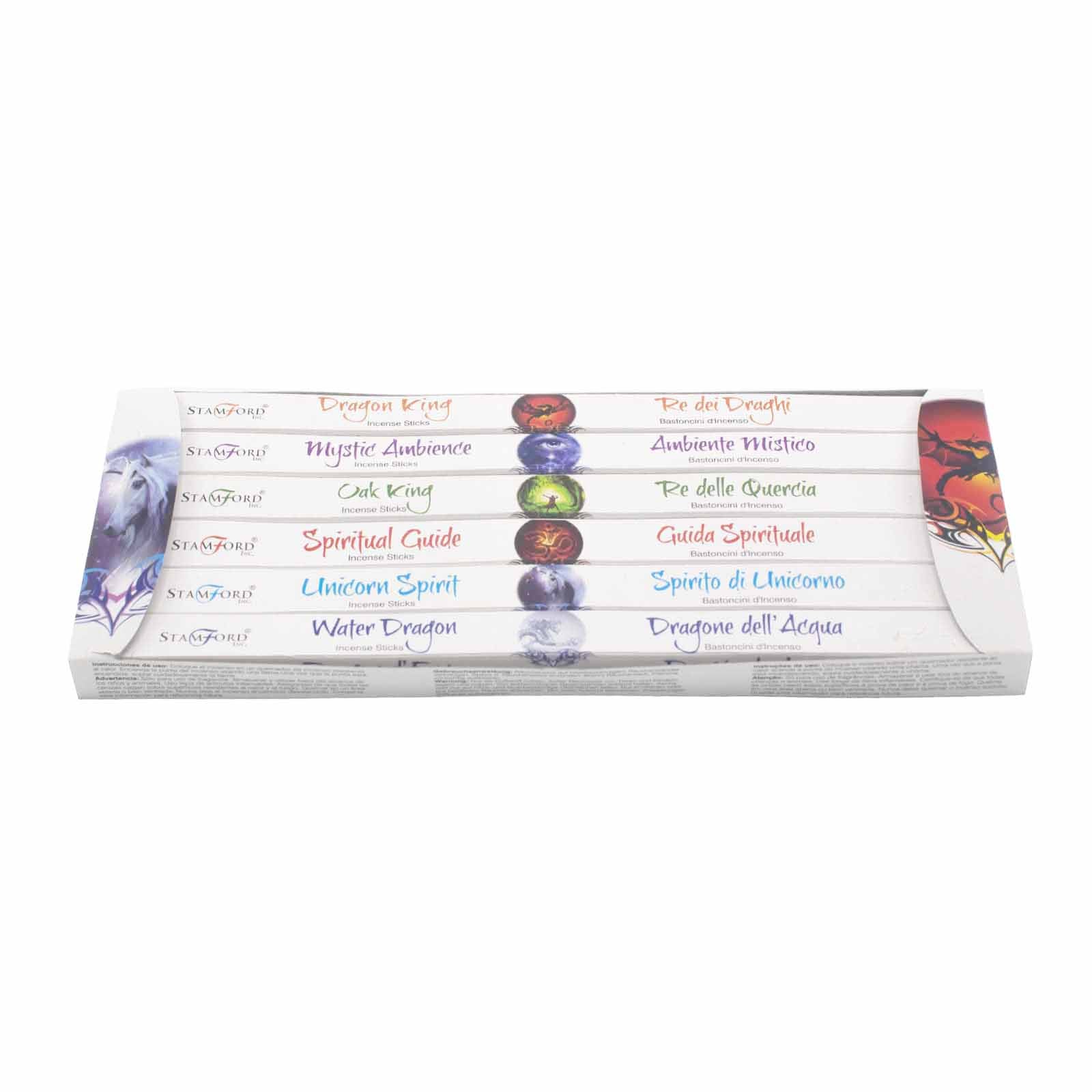 Incense boxes are stacked, each labeled with names: "Dragon King," "Mystic Ambience," "Oak King," "Spiritual Guide," "Unicorn Spirit," and "Water Dragon." They feature English and Italian text and decorative illustrations.