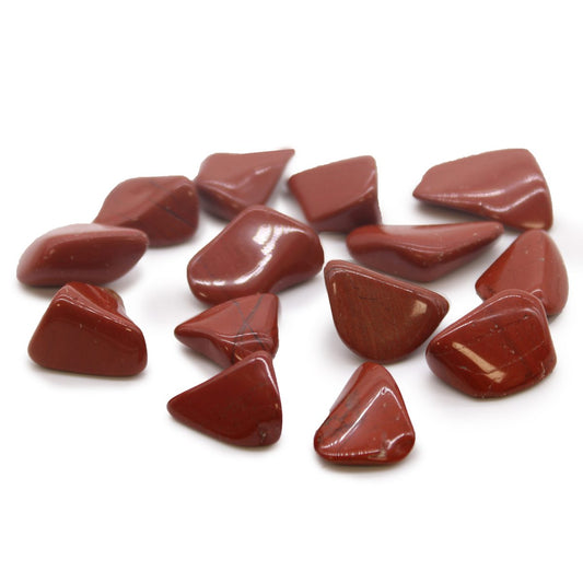 Several reddish-brown, polished stones are scattered across a white surface. They are irregularly shaped and reflect light.
