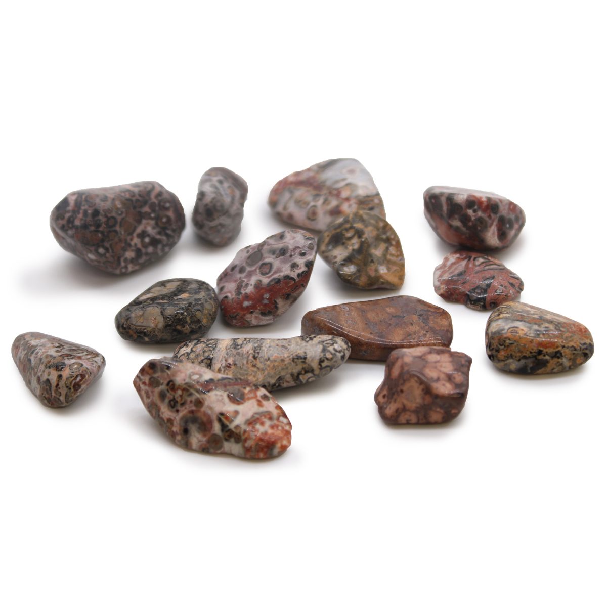 Assorted leopard skin jasper stones sit randomly on a plain white surface, their rounded forms showing their distinctive mottled patterns.