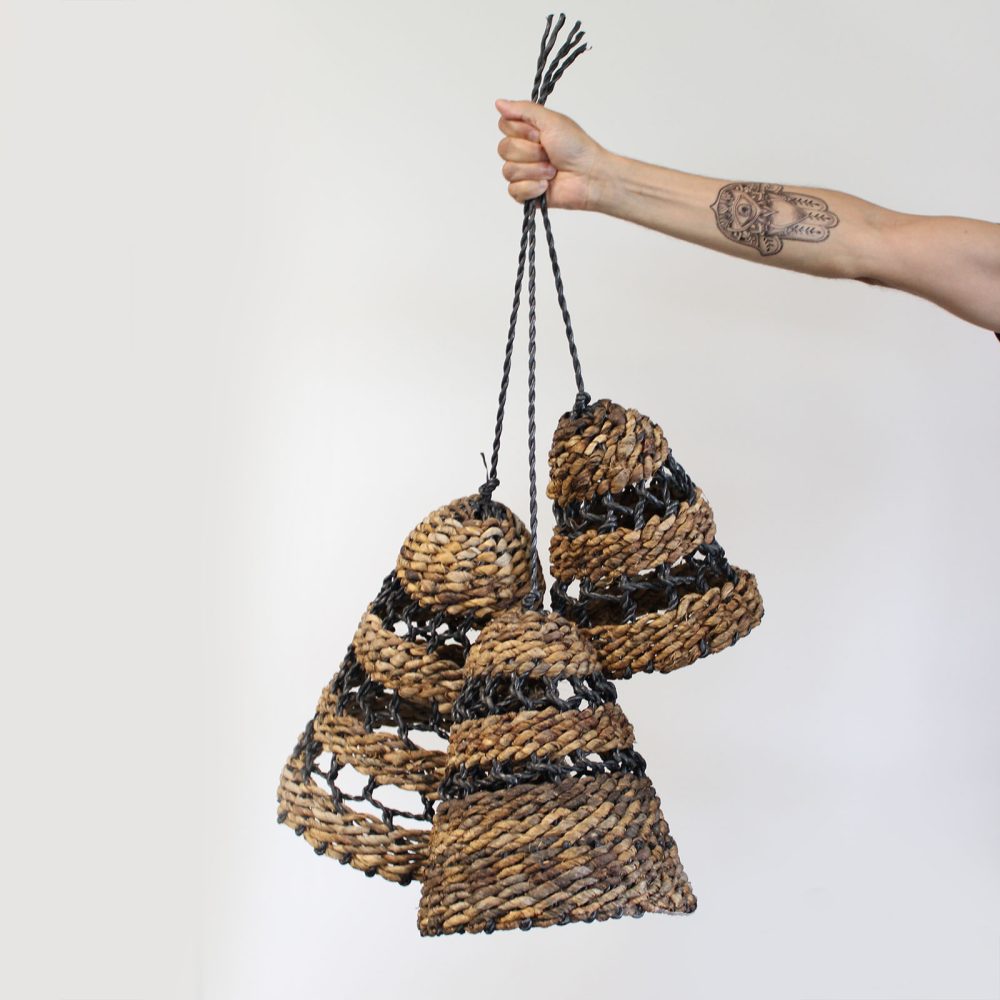 Natural Banana Leaf and Hitam Raffia Lamp Shades - Set of 3