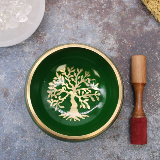 Tree of Life Singing Bowl Set – green 14 cm bowl with Tree of Life engraving, wooden striker and cushion for rich, resonant meditation tones.