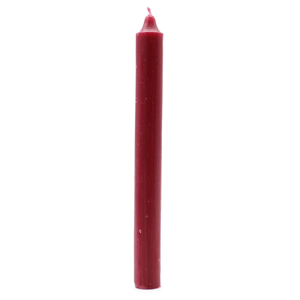 A red, cylindrical candle stands upright. It’s a solid object, surrounded by a bright white background.