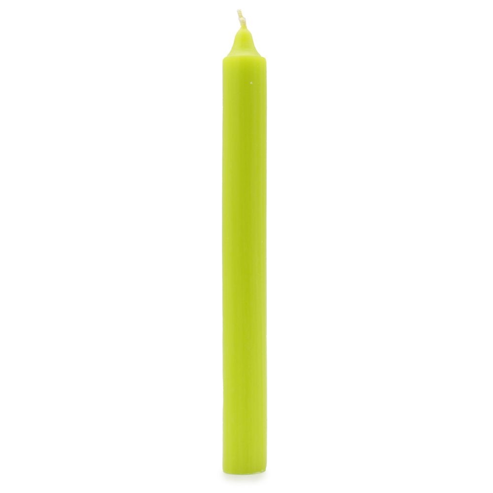 A lime-green, cylindrical candle stands upright. The candle has a slightly tapered top and sits against a bright white background.
