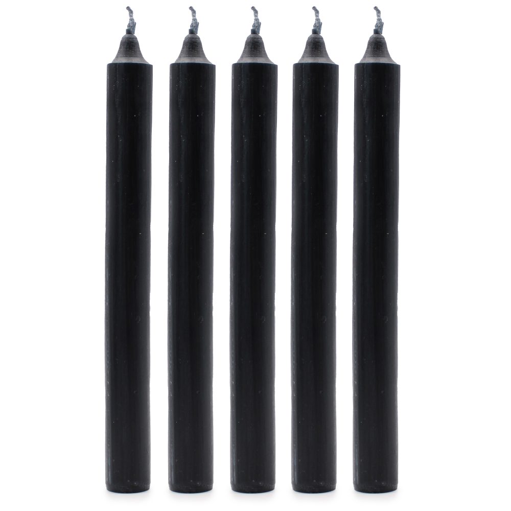 Five black candles stand in a straight line, arranged from left to right, on a plain white background.