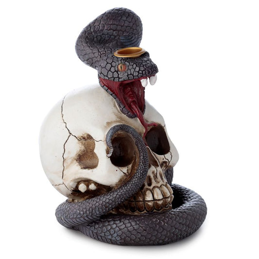 Snake & Skull Backflow Incense Burner resin & metal skull and serpent sculpture, hand-painted gothic backflow burner UK
