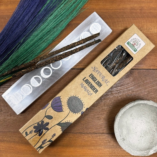 Natural Botanical Masala Incense - English Lavender handcrafted masala incense sticks in packaging, soft floral scent.
