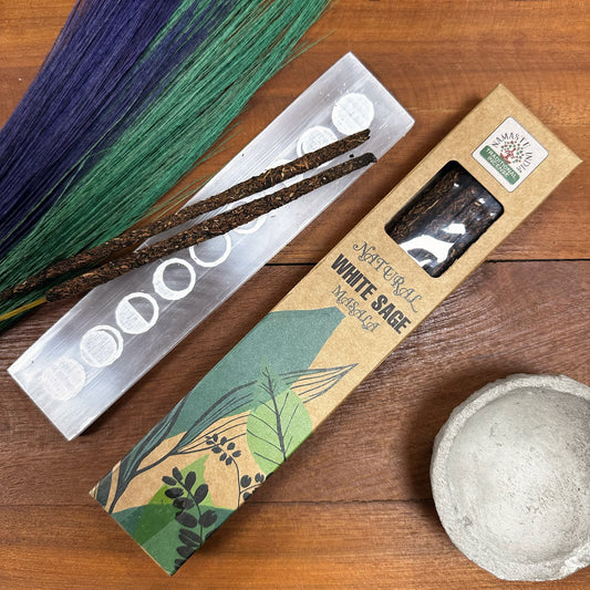 Natural Botanical Masala Incense - White Sage handcrafted masala incense sticks in packaging, crisp earthy scent.