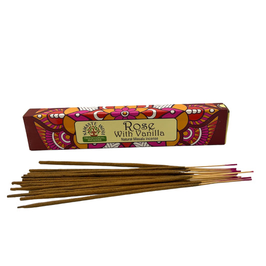 Namaste Mandala Masala Incense - Rose with Vanilla masala incense sticks in packaging, floral sweet comforting scent.